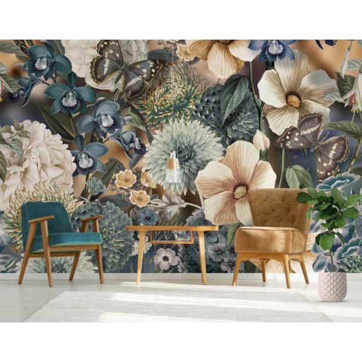 Behang Expresse Floral Utopia INK7576 EDEN BLUES Virágos az éden virágpompája pillangókkal bézs világoskék kék barna falpanel