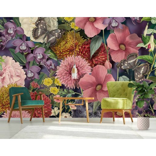 Behang Expresse Floral Utopia INK7577 EDEN COLORS Virágos az éden virágpompája pillangókkal kék lila sárga szines falpanel