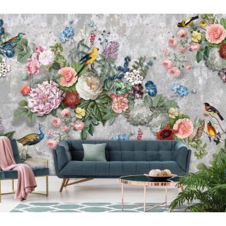   Behang Expresse Floral Utopia INK7578 ABUNDANCE Natur Virágok a bőség kosarából madarakkal betonfal háttéren szürke rózsaszín zöld szines falpanel
