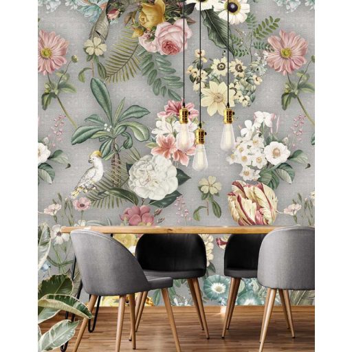 Behang Expresse Floral Utopia INK7582 COSTA RICA BOTANICAL GRAY Natur az aranypart virágai szürke krém zöld rózsaszín lila fehér falpanel