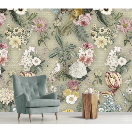 Behang Expresse Floral Utopia INK7583 COSTA RICA MOSS Natur az aranypart virágai mohazöld okkersárga zöld rózsaszín lila fehér falpanel