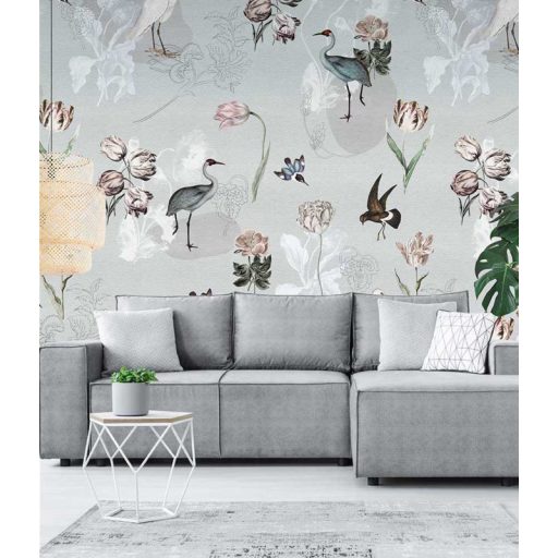 Behang Expresse Floral Utopia INK7587 DUTCH MEADOWS BLUE Natur németalföldi természeti kép szürke kék zöld rózsaszín piros fehér falpanel