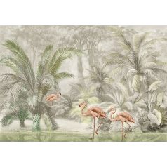   Behang Expresse Floral Utopia INK7588 PONDICHERRY PASTEL Natur Trópusi természeti kép flamingókkal szürke zöld rózsaszín fekete falpanel