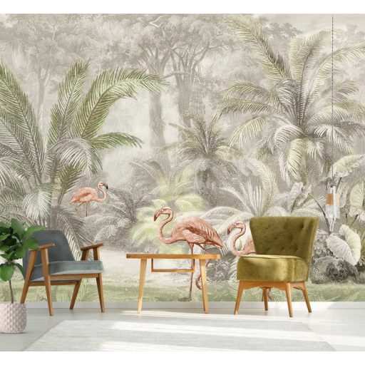 Behang Expresse Floral Utopia INK7588 PONDICHERRY PASTEL Natur Trópusi természeti kép flamingókkal szürke zöld rózsaszín fekete falpanel
