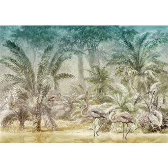   Behang Expresse Floral Utopia INK7589 PONDICHERRY EVENING Natur Trópusi esti természeti kép flamingókkal kék zöld barna puderrózsaszín falpanel