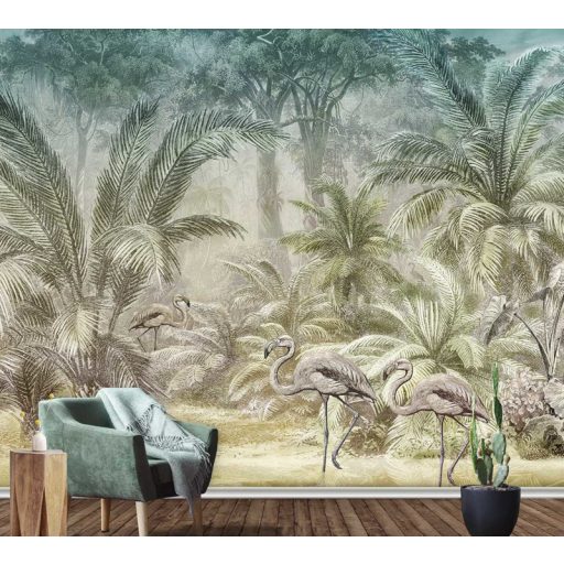 Behang Expresse Floral Utopia INK7589 PONDICHERRY EVENING Natur Trópusi esti természeti kép flamingókkal kék zöld barna puderrózsaszín falpanel