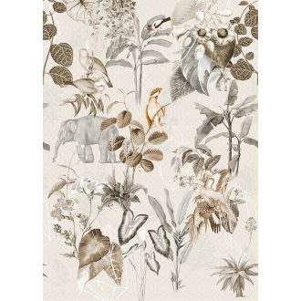   Behang Expresse Floral Utopia INK7590 LUANG PRABANG NEUTRAL Natur laoszi dzsungel életkép elefántokkal fehér szürke bézs barna falpanel
