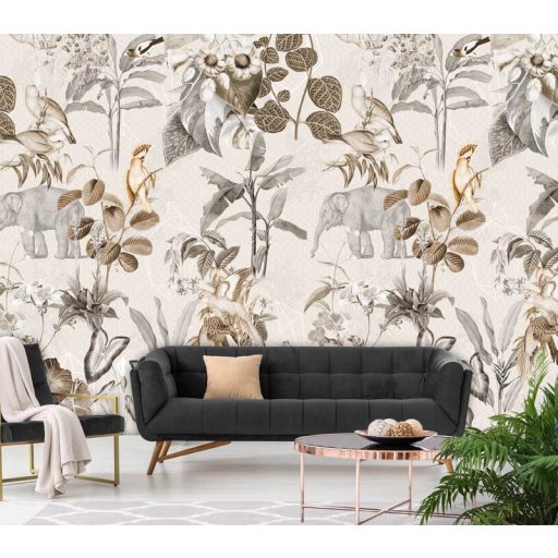 Behang Expresse Floral Utopia INK7590 LUANG PRABANG NEUTRAL Natur laoszi dzsungel életkép elefántokkal fehér szürke bézs barna falpanel