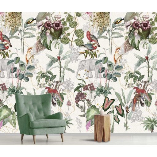 Behang Expresse Floral Utopia INK7591 LUANG PRABANG COLORS Natur laoszi dzsungel életkép elefántokkal fehér zöld lila szines falpanel