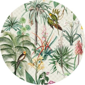   Behang Expresse Floral Utopia INK7604 TROPICAL MORNING Natur reggel a trópusokon életkép Art Deco háttérrel zöld sötétzöld okkersárga olívzöld fehér falpanel