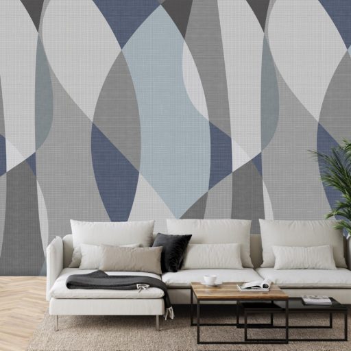 Nagyformátumú ovális és más formák megjelenítése síkbeli áthatásokkal szürkésfehér szürke kék és szürkészöld tónus falpanel
