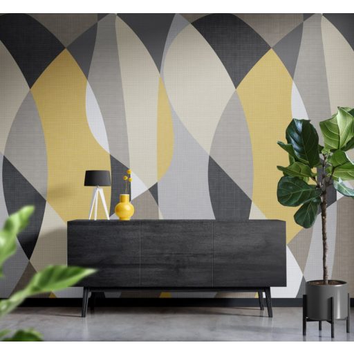 Nagyformátumú ovális és más formák megjelenítése síkbeli áthatásokkal bézs szürke fehér sárga és fekete tónus falpanel