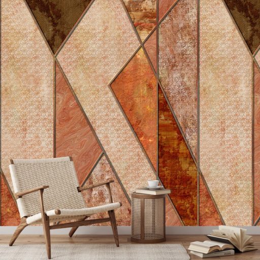 Nagyléptékű geometriai minta fantasztikus struktúra váltásokkal bézs barna vörös lazac és narancs tónus falpanel