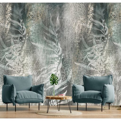 Organikus levélminta reptil /hüllő/ bőrét utánzó textúrán fehér szürke szürkésbarna és zöld tónus falpanel