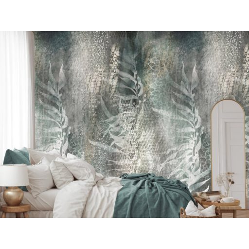 Organikus levélminta reptil /hüllő/ bőrét utánzó textúrán fehér szürke szürkésbarna és zöld tónus falpanel
