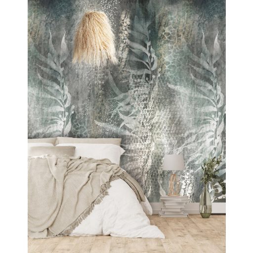 Organikus levélminta reptil /hüllő/ bőrét utánzó textúrán fehér szürke szürkésbarna és zöld tónus falpanel