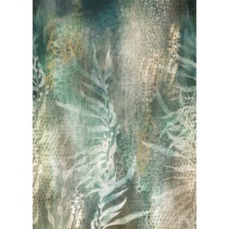   Organikus levélminta reptil /hüllő/ bőrét utánzó textúrán óceánzöld kékeszöld fehér barna és szürkésbarna tónus falpanel