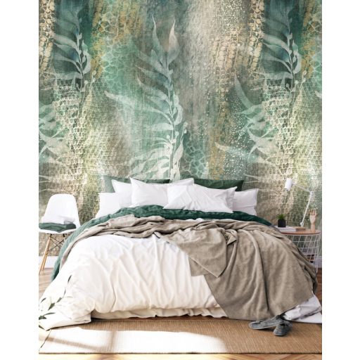 Organikus levélminta reptil /hüllő/ bőrét utánzó textúrán óceánzöld kékeszöld fehér barna és szürkésbarna tónus falpanel