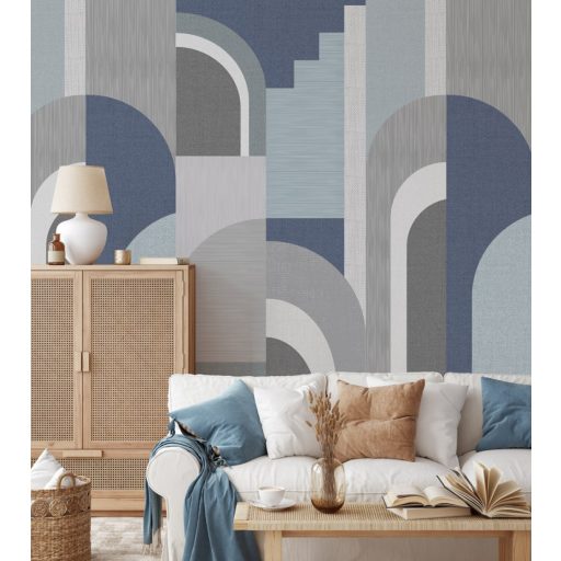 Múlt század közepét idéző ívelt geometriai formák Retro és Art Deco jegyekkel szürke kék fehér és világoskék tónus falpanel