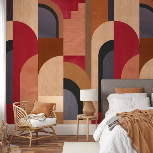 Múlt század közepét idéző ívelt geometriai formák Retro és Art Deco jegyekkel barna okker piros és szines falpanel