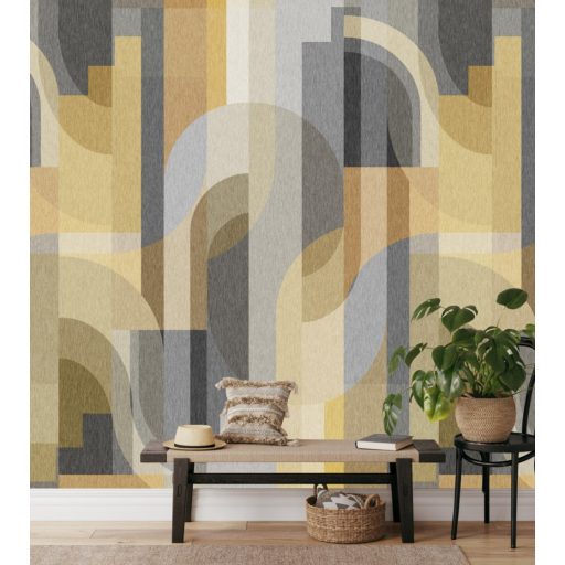 Változatos ívelt geometriai formák parádés megjelenítése Art Deco jegyekkel szürke barna sárga fekete és okker tónus falpanel