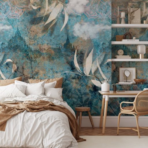 All in One! Stílusok és motívumok elegye Misztikum Botanika Orientalizmus Építészet óceánkék türkiz fehér bézs és barna falpanel