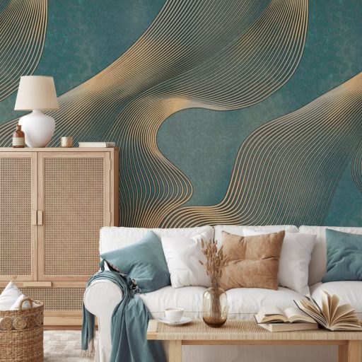 Az óceán hatalmas hullámai ihlették nagyformátumú grafikai 3D minta óceánzöld kékeszöld türkiz arany és aranybarna tónus falpanel