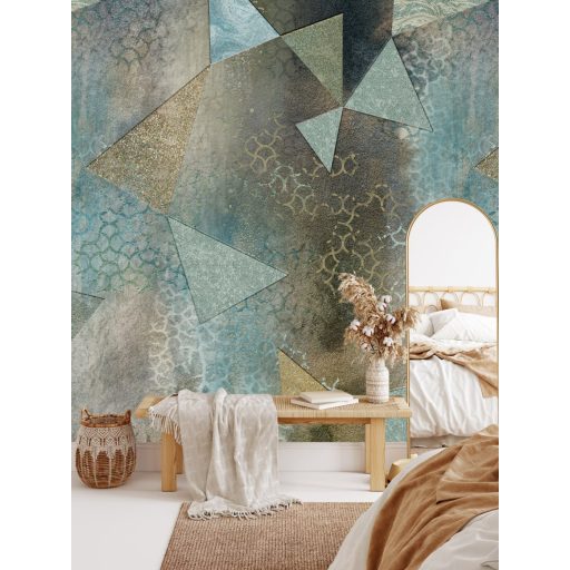 Három az egyben! Geometriai minta beton alapon keleties díszítéssel türkiz kékeszöld barna szürkésbarna és sötétkék tónus falpanel