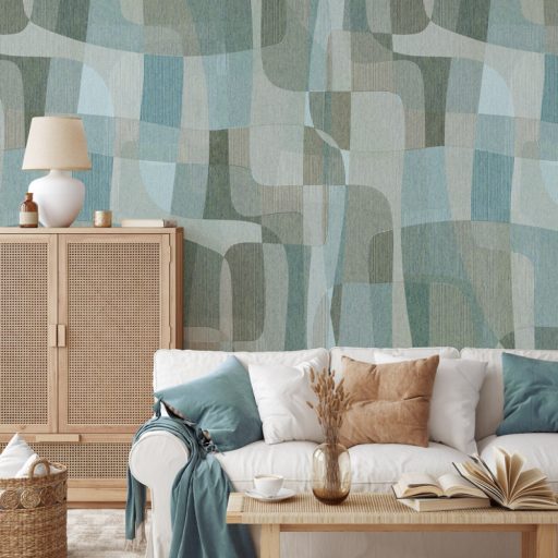 Absztrakt geometriai minta ívelt formákból kialakítva vízzöld vízkék világoskék szürke és szürkésbarna tónus falpanel