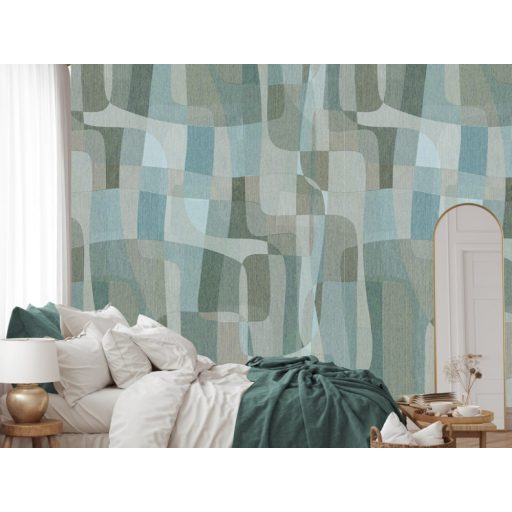 Absztrakt geometriai minta ívelt formákból kialakítva vízzöld vízkék világoskék szürke és szürkésbarna tónus falpanel