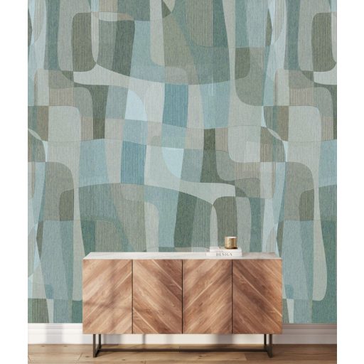 Absztrakt geometriai minta ívelt formákból kialakítva vízzöld vízkék világoskék szürke és szürkésbarna tónus falpanel