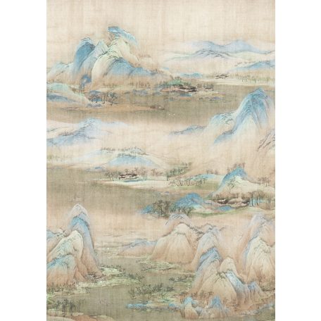 Művészi kínai tájképábrázolás a felföldről bézs barna kék szürke és zöld tónusok palpanel/digitális nyomat