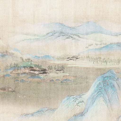 Művészi kínai tájképábrázolás a felföldről bézs barna kék szürke és zöld tónusok palpanel/digitális nyomat