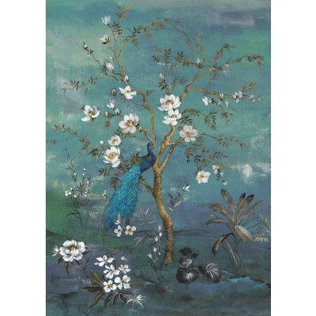 Álomszép vintage Távol-keleti kép virágzó fával és pávával zöld kék és sokszínű falikép/digitális nyomat