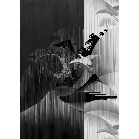 Filozófikus kínai tájábrázolás madarakkal a jin-jang elmélet jegyében fekete és fehér tónus falpanel/digitális nyomat