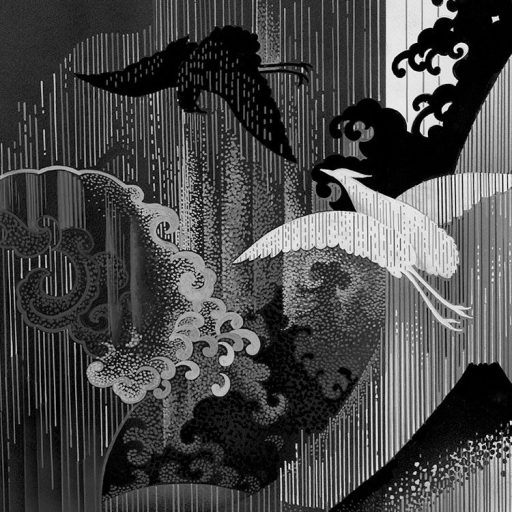 Filozófikus kínai tájábrázolás madarakkal a jin-jang elmélet jegyében fekete és fehér tónus falpanel/digitális nyomat