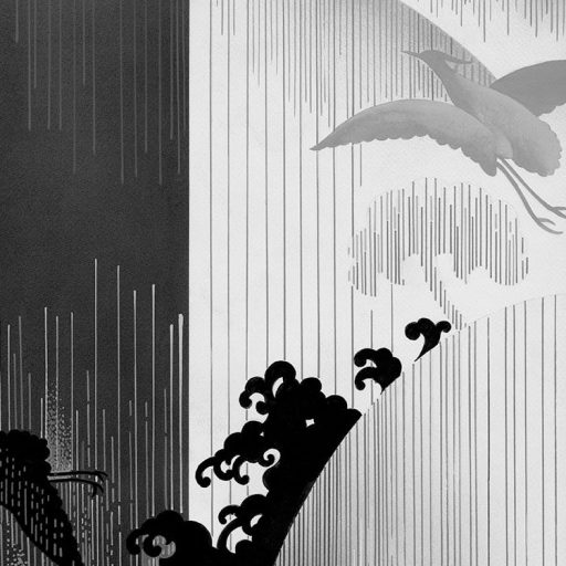 Filozófikus kínai tájábrázolás madarakkal a jin-jang elmélet jegyében fekete és fehér tónus falpanel/digitális nyomat