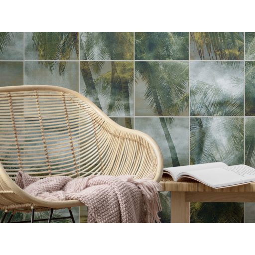 Kirakós ahogy eddig még nem láttuk - pálmákból és levelekből zöld barna kék fehér és aranysárga tónusok falpanel/digitális nyomat