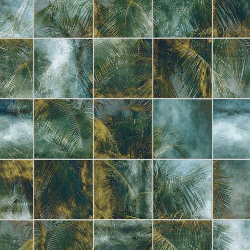 Kirakós ahogy eddig még nem láttuk - pálmákból és levelekből zöld barna kék fehér és aranysárga tónusok falpanel/digitális nyomat