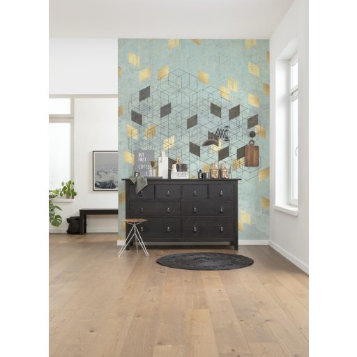 A belsőépítészet időtlen klasszikusa - térbeli kompozíció aranylemezekkel zöld fekete és arany tónusok falpanel/digitális nyomat