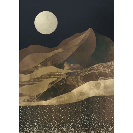 Egyedülálló éjszakai hangulat - Hegycsúcs holdfényben fekete bézs barna szürkészöld és holdfényfehér tónusok falpanel/digitális nyomat