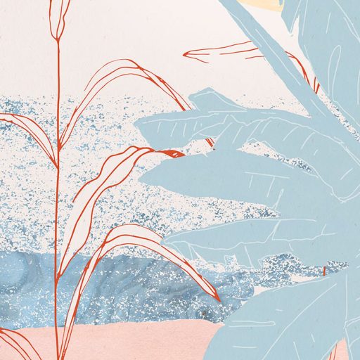 Miami fényei és színei banánlevelek motívummal bézs kék sárga rózsaszín és vörös tónusok falpanel/digitális nyomat