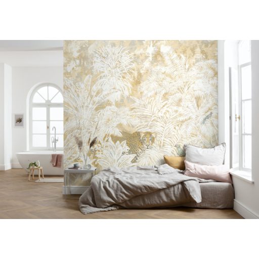 Magával ragadó dzsungel nagymacskával és madarakkal sárga krémfehér zöld és bézs tónusok falpanel/digitális nyomat