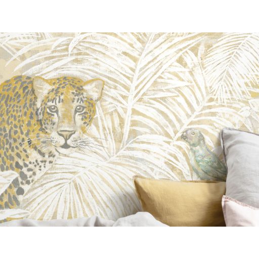 Magával ragadó dzsungel nagymacskával és madarakkal sárga krémfehér zöld és bézs tónusok falpanel/digitális nyomat