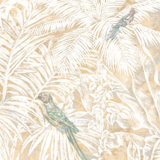 Magával ragadó dzsungel nagymacskával és madarakkal sárga krémfehér zöld és bézs tónusok falpanel/digitális nyomat