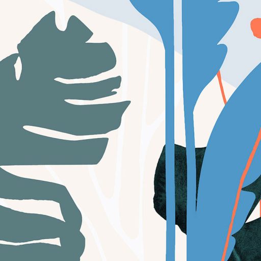 Változatos formájú és színű trópusi levelek fehér bézs zöld türkiz kék és korall tónusok falpanel/digitális nyomat