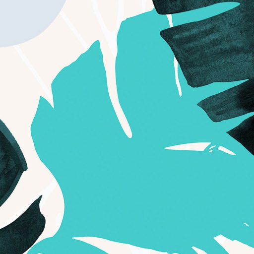 Változatos formájú és színű trópusi levelek fehér bézs zöld türkiz kék és korall tónusok falpanel/digitális nyomat