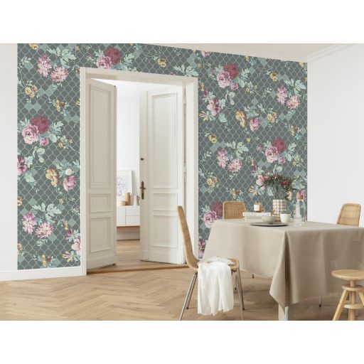 Szecessziós stílusú díszes virágábrázolás zöld fehér rózsaszín mályva és sárga tónusok falpanel/digitális nyomat