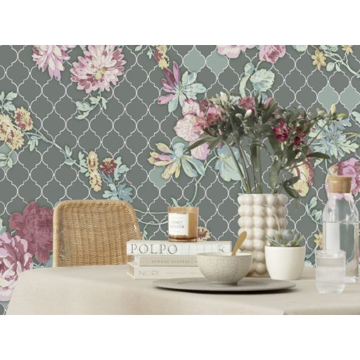 Szecessziós stílusú díszes virágábrázolás zöld fehér rózsaszín mályva és sárga tónusok falpanel/digitális nyomat