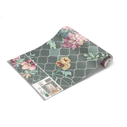 Szecessziós stílusú díszes virágábrázolás zöld fehér rózsaszín mályva és sárga tónusok falpanel/digitális nyomat